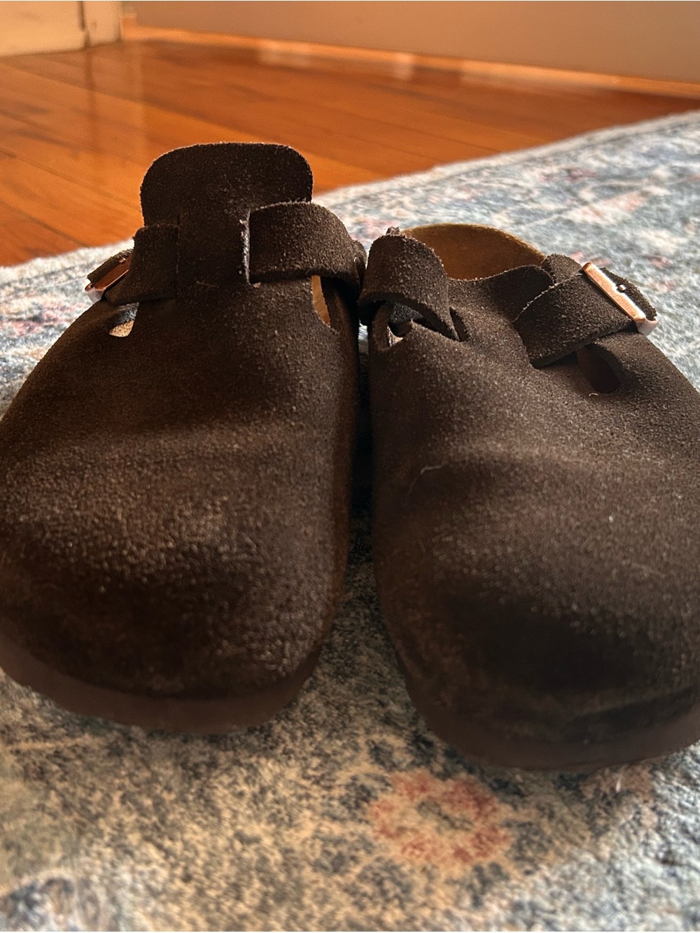 Birkenstock Brown Suede Boston Clogs with Buckle - Picture 2 of 9